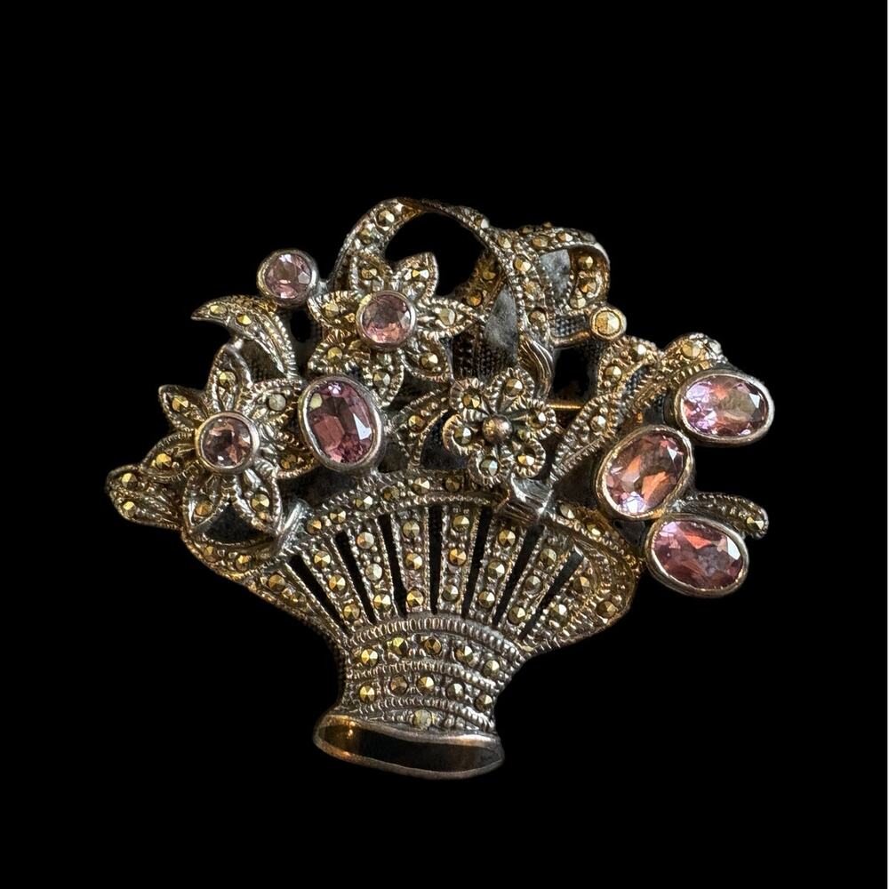 Vintage Sterling Silver Amethyst Marcasite Floral Brooch